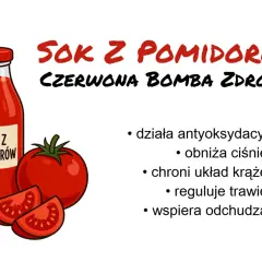 Sok z pomidorów – czerwona bomba zdrowia. Działa antyoksydacyjnie, obniża ciśnienie, chroni układ krążenia, reguluje trawienie i wspiera odchudzanie.