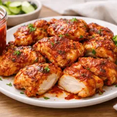 Pyszny kurczak z airfryer, polany sosem pomidorowym, podany z brokułami. Idealny obiad!