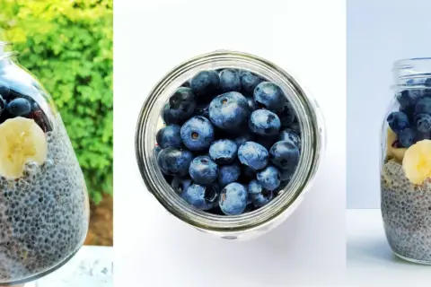 Nasiona chia na co? Słoik z puddingiem chia, bananem, borówkami i truskawkami. Zdrowy deser na każdy dzień.