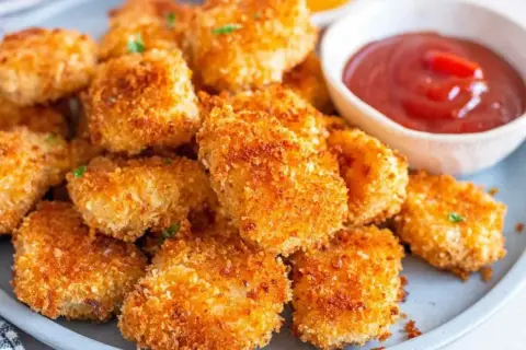 Chrupiące nuggetsy z airfryer na talerzu, obok miseczka z ketchupem. Idealna przekąska dla każdego.