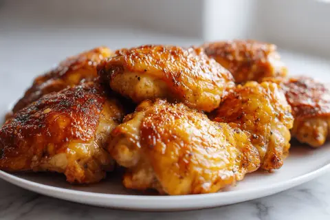 Chrupiące udka z airfryer na białym talerzu, apetycznie wyglądające i gotowe do podania.