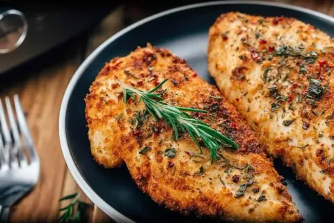 Złociste, chrupiące filet z kurczaka z air fryer, przyprawione ziołami i podane z gałązką rozmarynu. Idealne na szybki obiad.