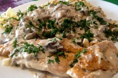 Kurczak z mascarpone i grzybami w kremowym sosie, podany z makaronem i posypany świeżym koperkiem.