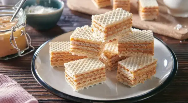 Słodkie wafle przełożone kremową masą do wafli, ułożone na talerzu. Obok słoiczek z masą i miseczka z wiórkami.
