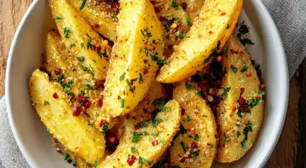 Chrupiące ziemniaki z grilla, posypane parmezanem, natką pietruszki i płatkami chili. Idealna przekąska na letnie wieczory.