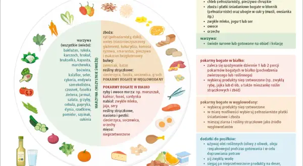 Ilustracja pokazuje piramidę żywieniową z produktami bogatymi w białko, węglowodany i warzywa. Dowiedz się, gluten co to jest i jak go unikać.