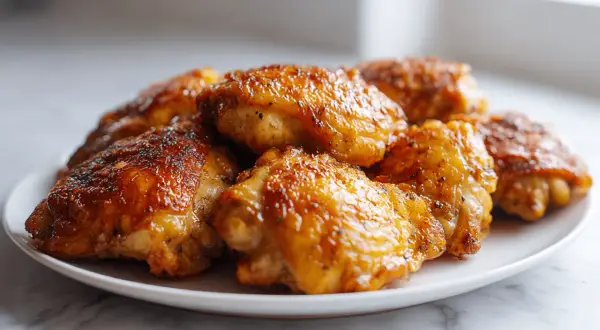 Chrupiące udka z airfryer na białym talerzu, apetycznie wyglądające i gotowe do podania.