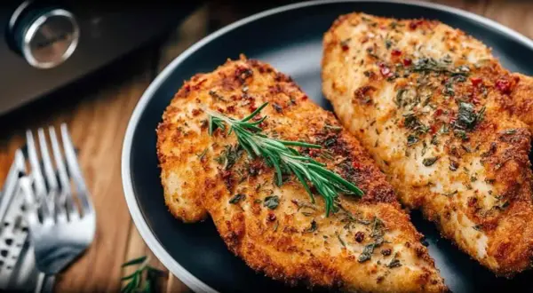 Złociste, chrupiące filet z kurczaka z air fryer, przyprawione ziołami i podane z gałązką rozmarynu. Idealne na szybki obiad.