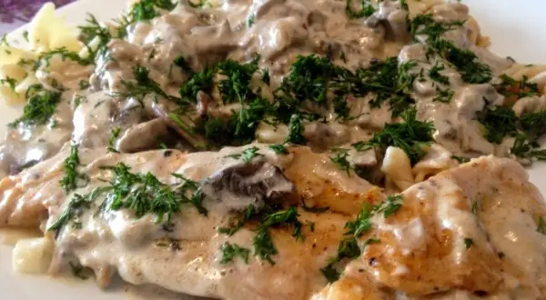 Kurczak z mascarpone i grzybami w kremowym sosie, podany z makaronem i posypany świeżym koperkiem.