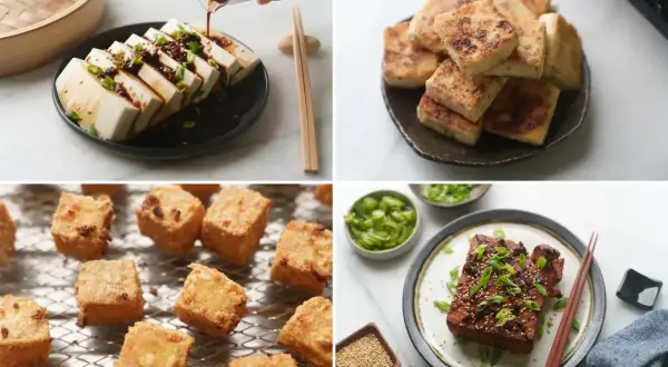 Tofu, zrobione z soi, podane na różne sposoby: surowe z sosem, smażone na patelni, pieczone w kostkach i w formie steka.