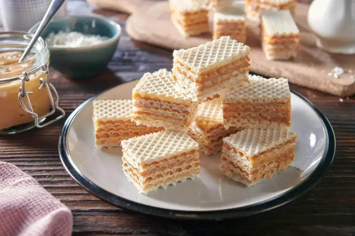 Słodkie wafle przełożone kremową masą do wafli, ułożone na talerzu. Obok słoiczek z masą i miseczka z wiórkami.