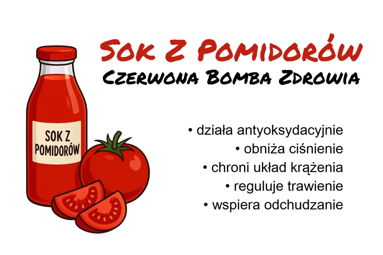 Sok z pomidorów – czerwona bomba zdrowia. Działa antyoksydacyjnie, obniża ciśnienie, chroni krążenie, reguluje trawienie i wspiera odchudzanie.