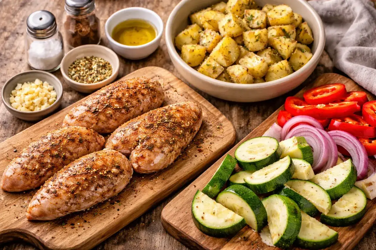 Pyszne piersi z kurczaka, ziemniaki i warzywa – idealne air fryer przepisy na obiad.