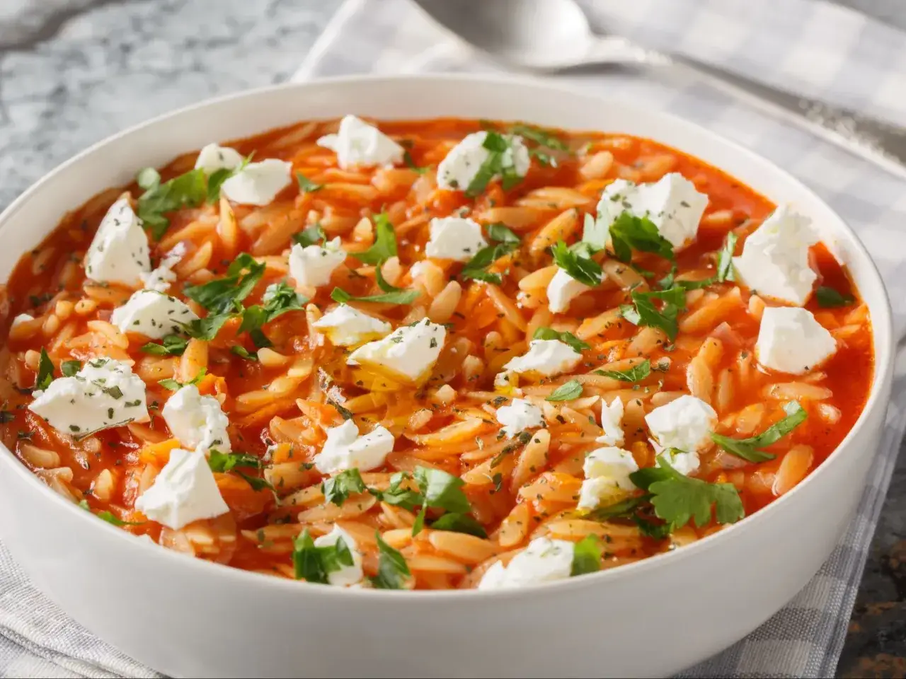Pyszny makaron orzo w sosie pomidorowym z fetą i natką pietruszki. Idealny obiad na szybko, gdy brakuje czasu.