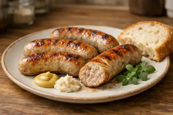 Soczysta kiełbasa z airfryer, idealnie przypieczona, podana z chlebem, musztardą i chrzanem. Pyszny obiad gotowy w mgnieniu oka!