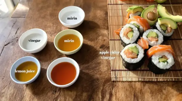 Zastanawiasz się, czym zastąpić ocet ryżowy? Na zdjęciu widać miseczki z octem, mirinem, sokiem z cytryny i jabłkowym, a obok sushi.