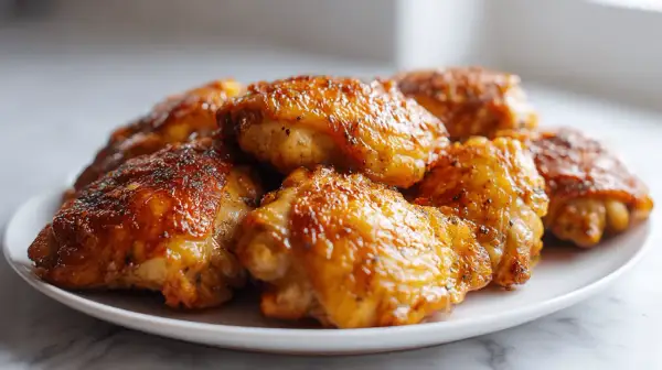 Chrupiące udka z airfryer na białym talerzu, apetycznie wyglądające i gotowe do podania.