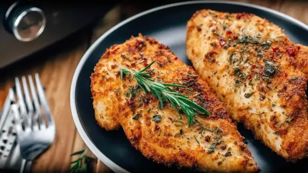 Złociste, chrupiące filet z kurczaka z air fryer, przyprawione ziołami i podane z gałązką rozmarynu. Idealne na szybki obiad.
