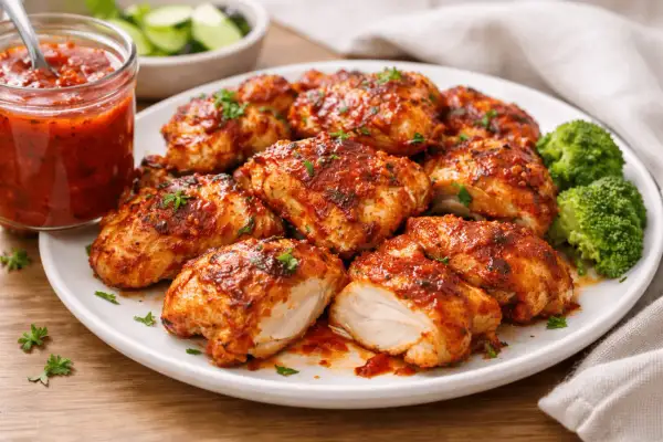 Pyszny kurczak z airfryer, polany sosem pomidorowym, podany z brokułami. Idealny obiad!