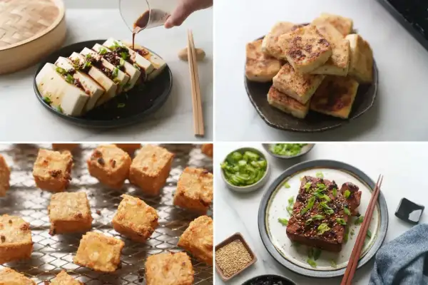 Tofu, zrobione z soi, podane na różne sposoby: surowe z sosem, smażone na patelni, pieczone w kostkach i w formie steka.
